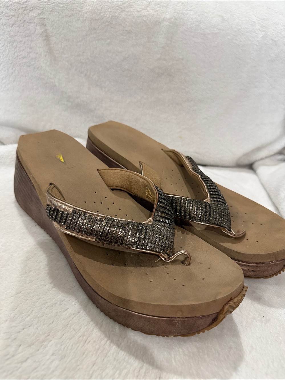Volatile Brown and Gold Wedge Sandals with Sparkle Straps